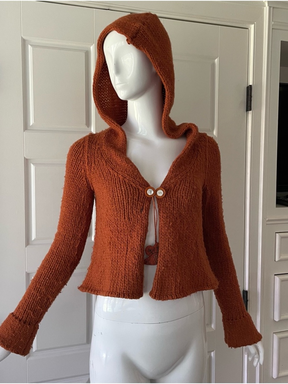 Anthropologie Hooded Chunky Knit Cropped Cardigan Rust Fall Colors Boho - Picture 3 of 16